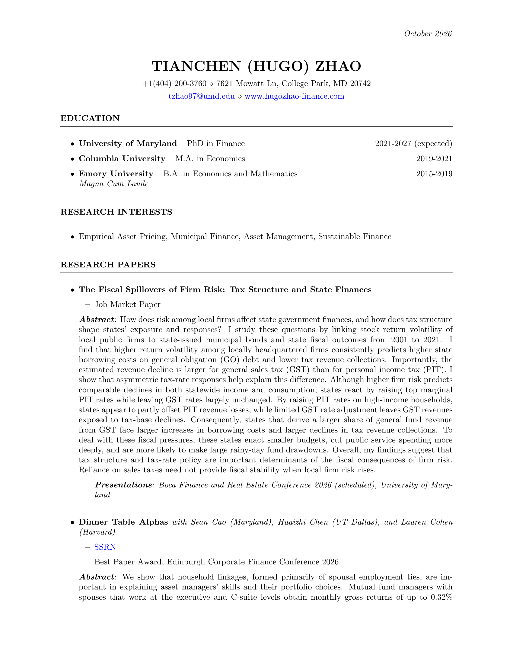 Tianchen (Hugo) Zhao’s CV, page 1 of 5